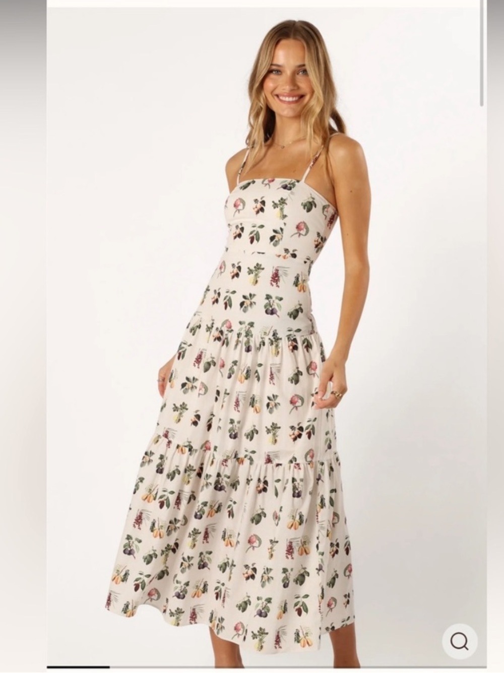 Petal & Pup Cream Floral Midi Dress with fruity accents